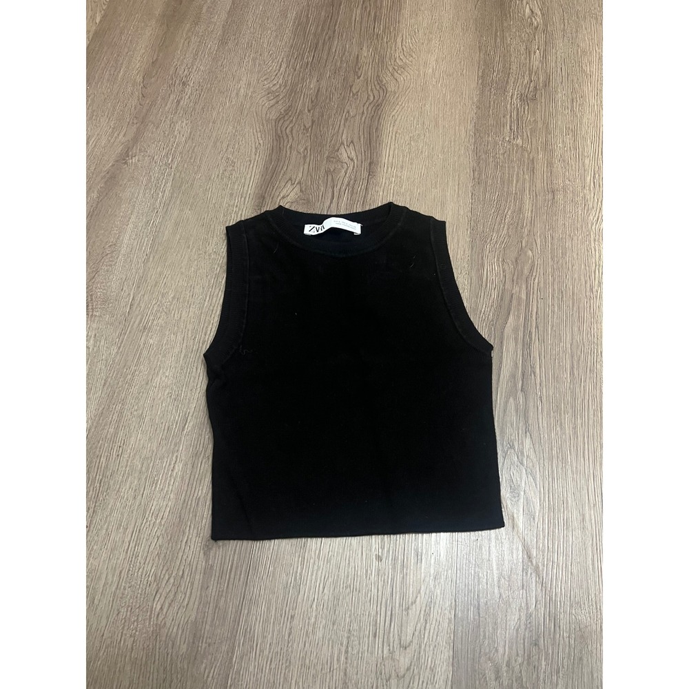 Zara Black Ribbed Knit Tank Top Sleeveless Crew Neck Crop Top Small